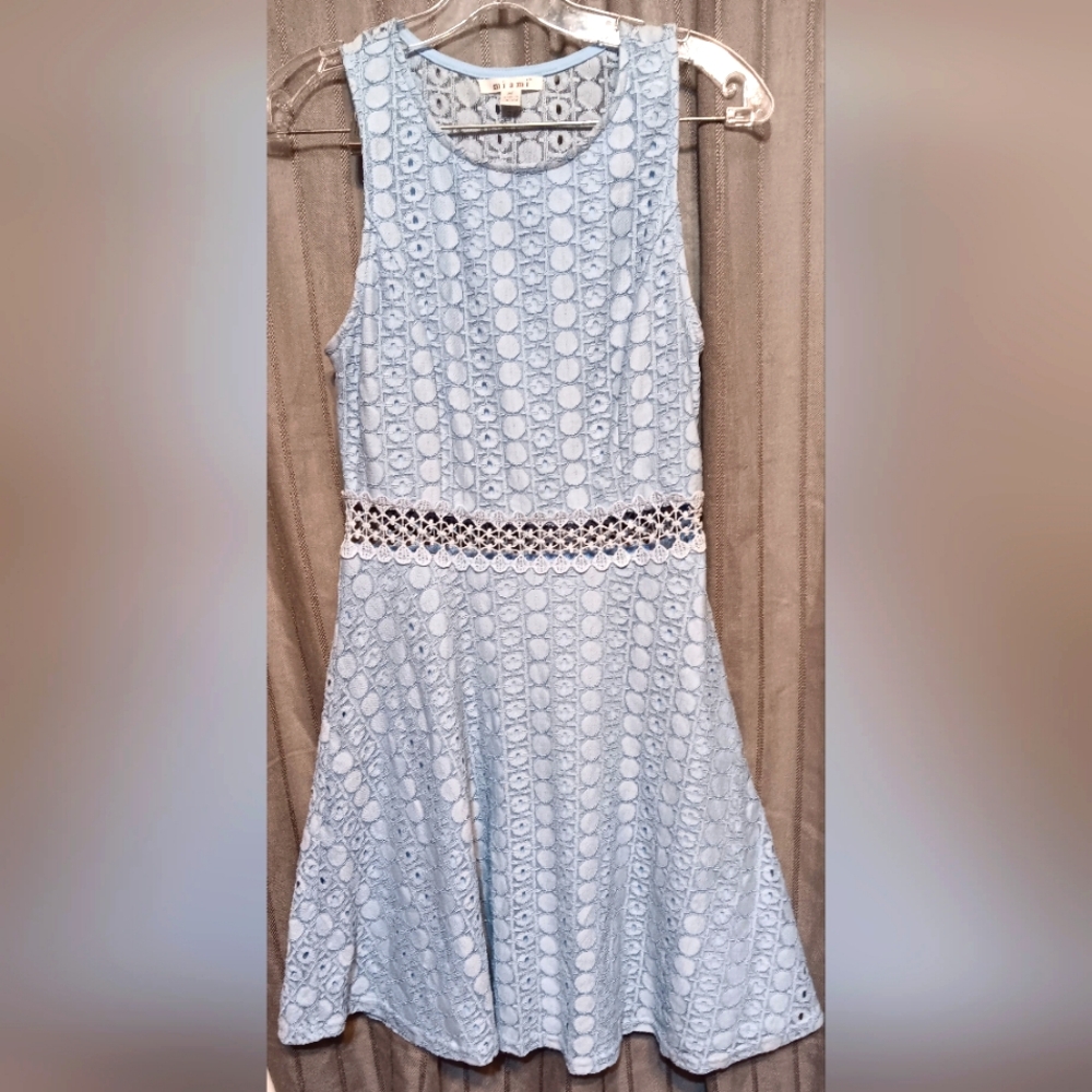 Mi Ami Lught Blue Dress, Medium, Lace Embroidered Crochet Accents